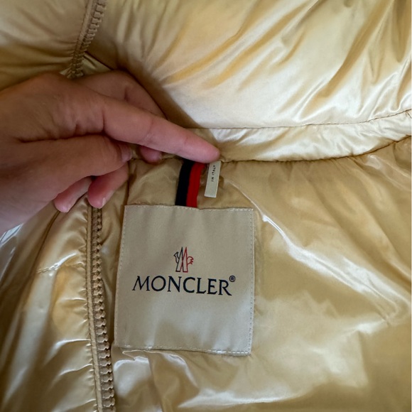 "Chic Moncler Girls' Size 8 Jacket: Tan with Gold Tones" - Picture 6 of 16